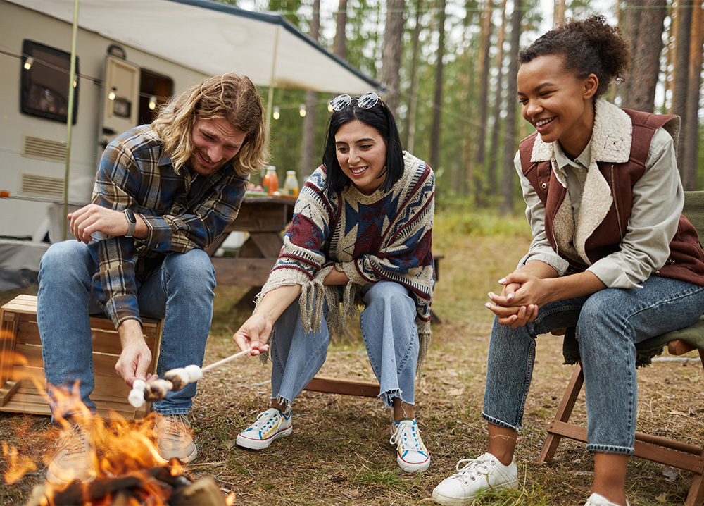 Young Adults Roasting Marshmallows by Campfire